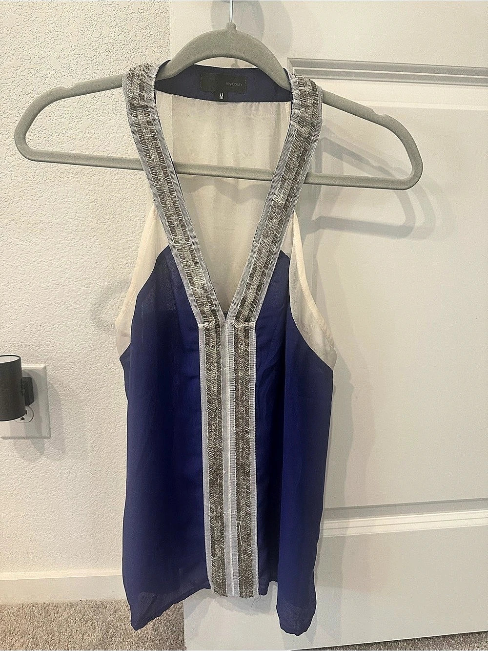 Avenue Sheer Panel Blouse in Blue & White Size Medium Like New